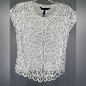 BCBG Maxazria short-sleeve, cream colored, crocheted top